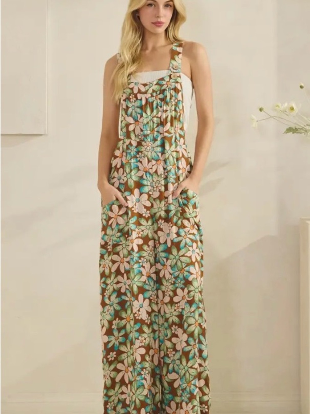 Sage + Fig Retro 70s Floral Wide Leg Overalls Jumpsuit Boho - Picture 9 of 9
